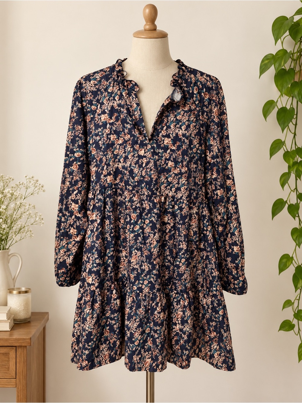 Navy Floral Ruffled Tiered Long Sleeve Dress